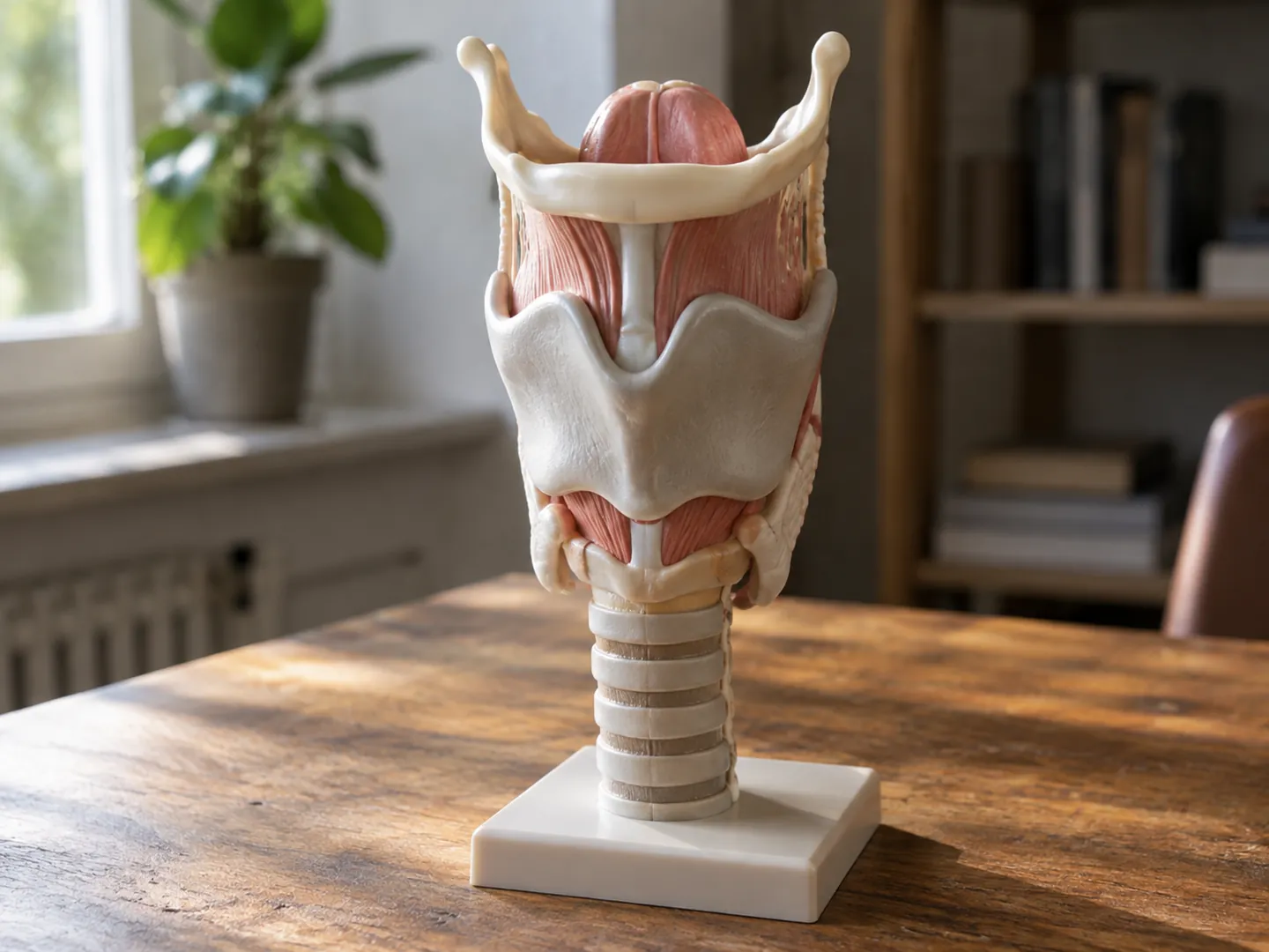 A detailed anatomical model of the human larynx and windpipe standing on a wooden desk in soft light