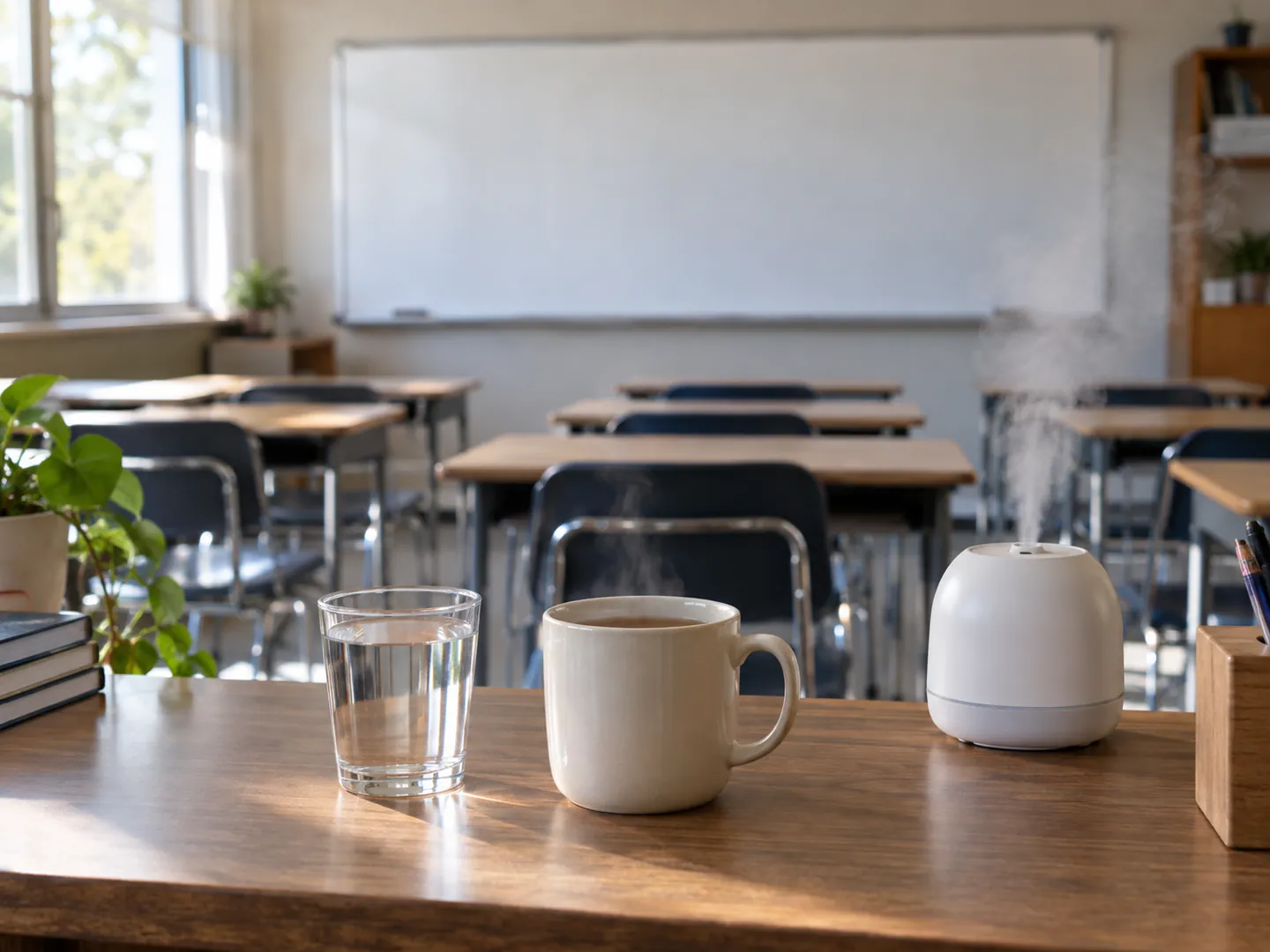 A glass of water and a mug of warm tea on a teacher's desk in an empty classroom, with a small humidifier beside them