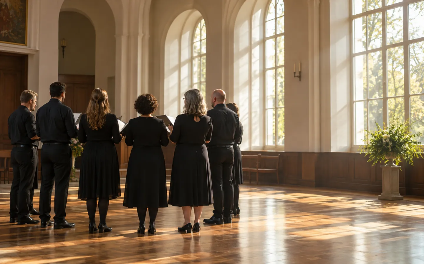A small choir of adults seen from behind, singing together in a sunlit hall with tall windows